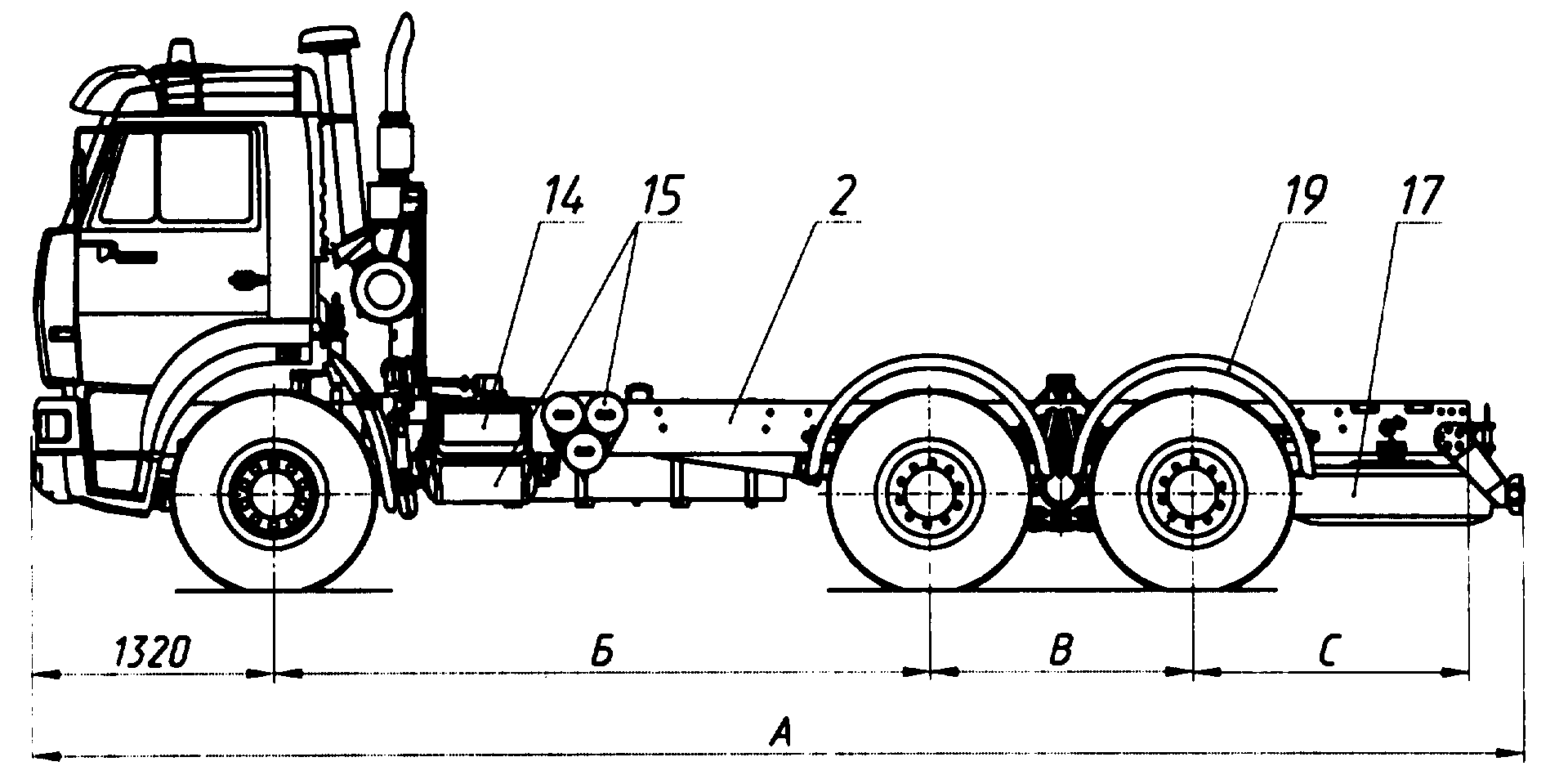 ТРЕХОСНОЕ ШАССИ ГРУЗОВОГО АВТОМОБИЛЯ (ВАРИАНТЫ). Патент № RU 25309 МПК  B62D61/10 | Биржа патентов - Московский инновационный кластер